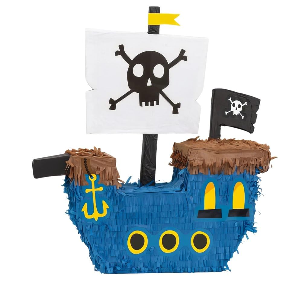 Unique Pirate Ship 3D Pinata, Pull-String Paper Mache Birthday Party Decoration for Kids, Blue Pirate Ship with Skull & Bones Flag, Interactive Fun with Candy, Toys & Treats