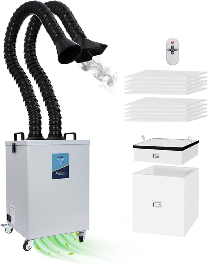 FumeClear FC-2003 Dual-port Fume Extractor For 20W 30W Laser Engraving, Low-Noise, Strong Suction 330m³/h, 3-Stage Filtration System With 12 Filters For Soldering, DTF Printer And Beauty Salon