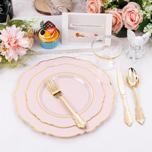 Liacere 350PCS Pink Plates Disposable - Pink and Gold Plates 50guest Baroque Plastic Dinnerware include 100Plates, 50Pack Pre Rolled Napkins with Silverware 50Cups Perfect for Wedding＆Mother\'s Day - Thumbnail 6