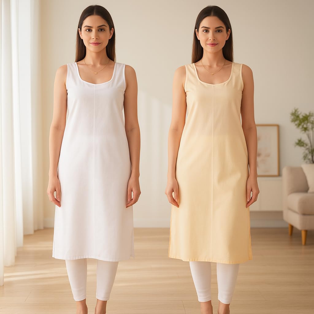 kurtiverse 2-Pack Women's Cotton Long Camisole Slip Innerwear – Breathable Sleeveless Full-Length Petticoat for Kurti & Sheer Dresses-picture-49