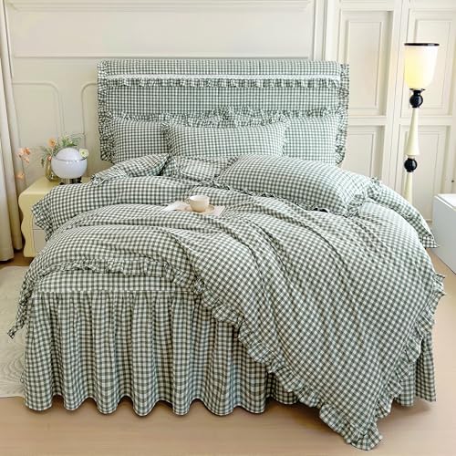 MKXI Sage Green & White Gingham Ruffle Comforter Set Twin, 3-Piece Lightweight Breathable Washed Cotton Farmhouse Bedding with Delicate Ruffle for Teen Girl Boho Bedroom by MKXI - Used condition - Image 2