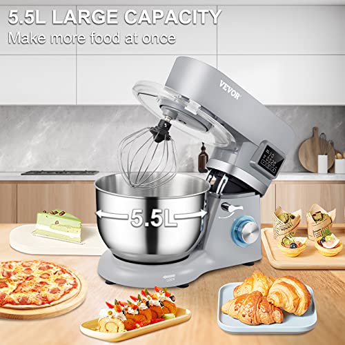 Vevor Stand Mixer, 660W Electric Dough Mixer With 6 Speeds Lcd Screen Timing, Tilt-Head Food Mixer With 5.8 Qt Stainless Steel Bowl, Dough Hook, Flat Beater, Whisk, Scraper, Splash-Proof Cover - Gray #TOP5