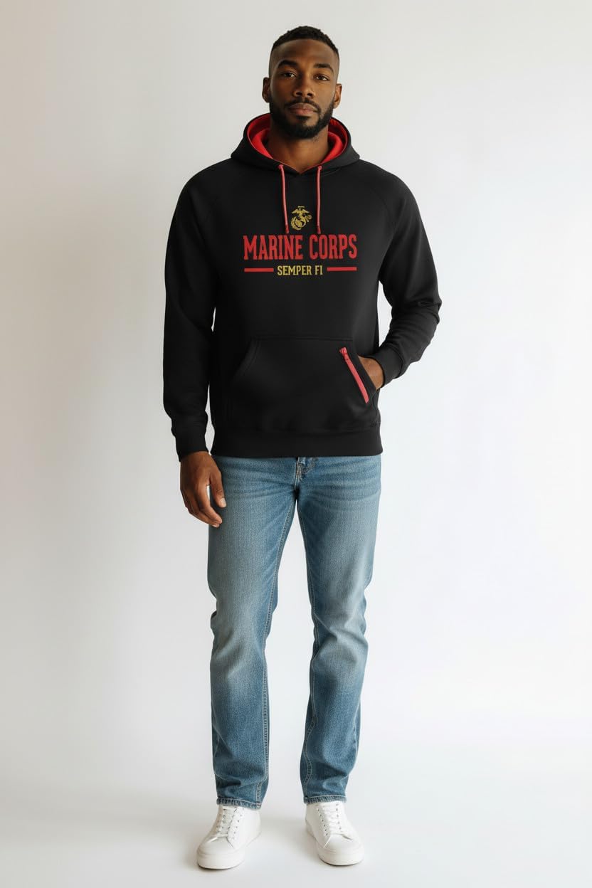 Malham Official USMC Semper Fi Hoodie - Embroidered Marine Corps Sweatshirt, Black, Available Size Small to 3XL