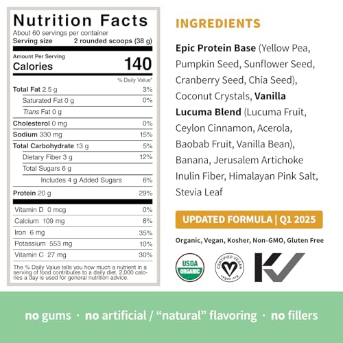 Image of Sprout Living Epic Protein, Plant Based Protein & Superfoods Powder, Vanilla Lucuma Powder | 20 Grams Organic Protein Powder, Vegan, Non Dairy, Non-GMO, Gluten Free, Low Sugar (5 Pound, 60 Servings)