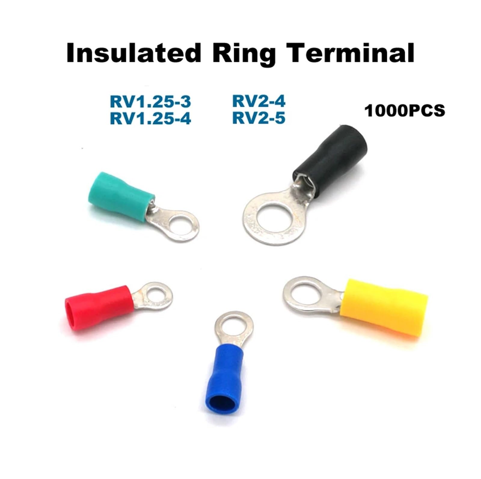 1000Pcs Ring Insulated Crimp Terminal Electrical Wire Cable Connector RV1.25-3 1.25-4 2-4 2-5 Ferrules 22-14AWG 0.5~2.5mm2(Nero,RV1.25-3)