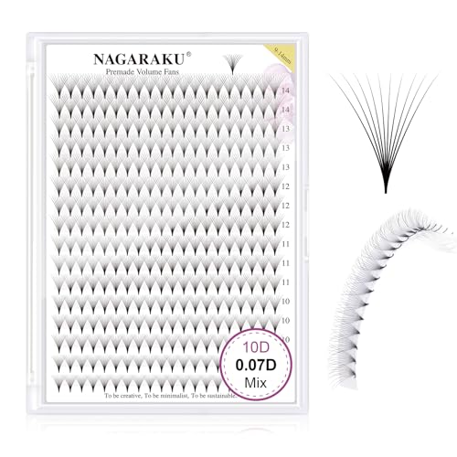 NAGARAKU Eyelash Extensions 320 Clusters Premade Fans Russian Volume Long Stem Premade Fans Thin Pointy Base Natural Pre Fanned Fluffy False Eyelash Black 16 Rows (10D 0.07 D Curl 9-14mm Mix Tray)