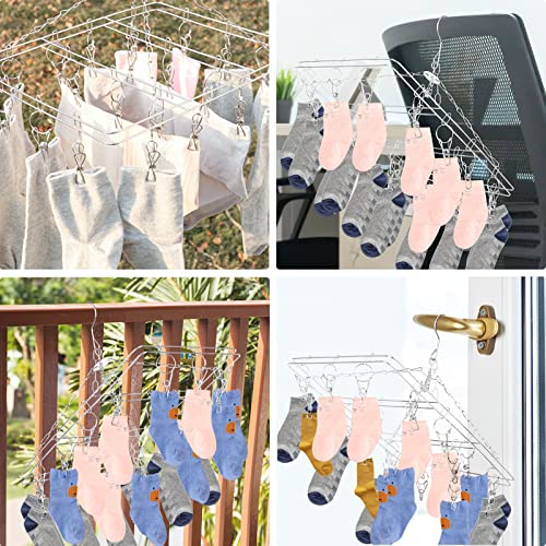 YORKING 2PCS Sock Hangers for Washing Line Stainless Steel Sock Dryer with 20 Pegs Metal Windproof Drying Rack with Swivel Hook Square Laundry Hanger for Underwear Clothes Gloves Shoes Insoles - Image 7