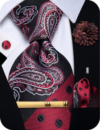 Image of YourTies Silk Paisley Floral Tie and Pocket Square Cufflinks with Lapel Pin Sets for Men 5PC Wedding Party