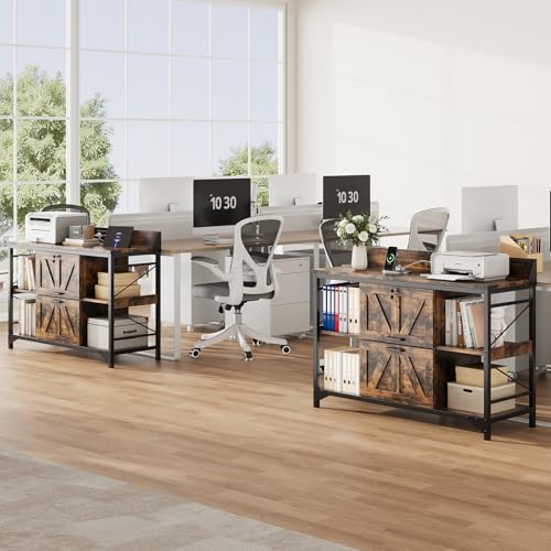 44" File Cabinet, Lateral Filing Cabinet for Home Office with 2 Drawers, Office Storage Cabinet with Lock and Key, Wooden Printer Stand with 4 Storage Shelves, Power Outlets, Bookshelf, Rustic Brown