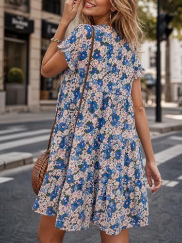 Image of Imysty Womens Boho Floral Ruffle Sleeve Babydoll Loose Flowy Casual Summer Pleated Mini Dress