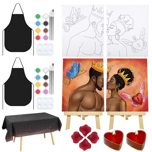 Nuberlic Sip and Paint Kit for Adults Date Night kit for Couples Pre Drawn Canvas for Two Adults Afro King and Queen Romantic Valentine's Day Gift 2 Pack 8