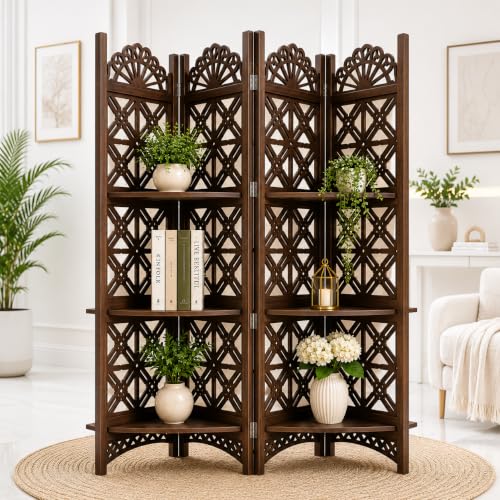 Image of Wooden Partition Divider for Living Room, Partition Wall, Privacy Divider, Freestanding Folding Panels (6 feet 5 Panel with Shelf) (6 Feet 4 Panel with 3 Shelf Brown)
