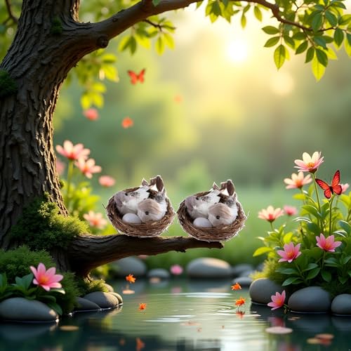 Image of 2 Set Simulation Bird Nest with Bird and Eggs Decor,Fake Foam Feather Birds,Artificial Birds,for DIY Craft Tree Decoration