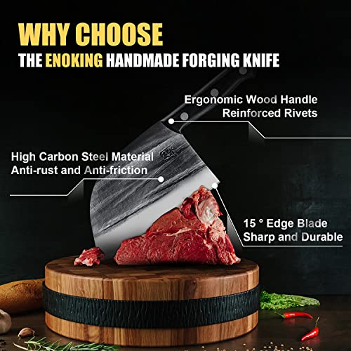 Enoking Meat Cleaver Knife, 6.7" Handmade Forged High-Carbon Steel Serbian Chef Chopping Butcher Knife With Leather Sheath, Full Tang Knives For Kitchen Restaurant Camping Bbq #TOP2