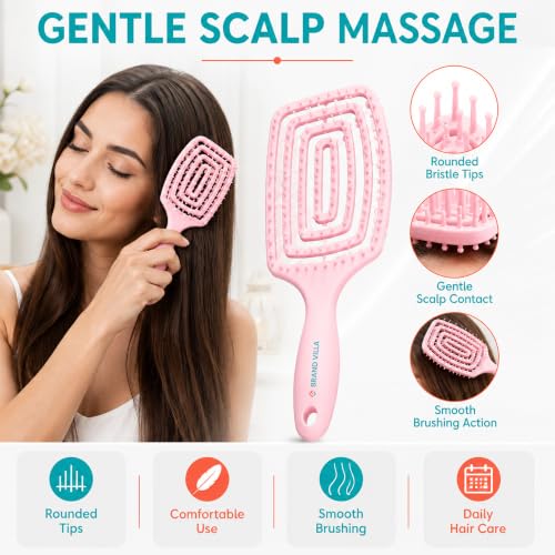 Image of BRAND VILLA Detangling Hair Brush for Women & Men | Anti Hair Fall Comb for Wet & Dry Hair | Flexible Vent Paddle Brush with Scalp Massager | Frizz Control for Curly, Straight, Thick, Long & Wavy Hair (Pink)