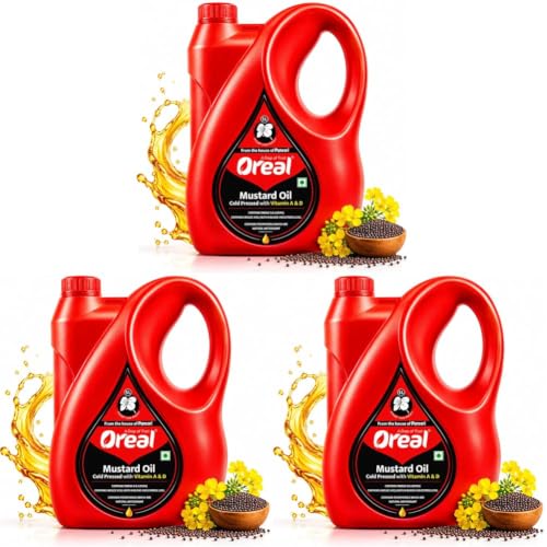 Image of Oreal Premium Kachi Ghani Mustard Oil | 5 Litre | Natural & Pure Sarson Ka Tel | Cold Pressed | Cholesterol-Free | Rich in Omega 3 & 6 | Boosts Immunity | Ideal for Cooking & Pickling Sarso Oil