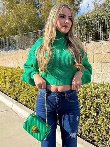 Image of ZAFUL Women's Cropped Turtleneck Sweater Lantern Sleeve Ribbed Knit Pullover Sweater Jumper