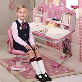 iondelce Kinderschreibtisch Höhenverstellbar mit Burg-Design, Kinder Schreibtisch und Stuhl Set, Reichlich Stauraum, Schreibtisch Kinder für Lernen, Malen und Bastelaktivitäten