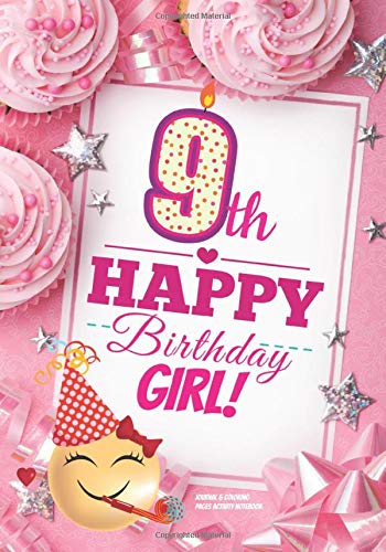 9th Happy Birthday Girl Journal & Coloring Pages Activity Notebook: Cute Emoji Special Birthday Card Style Guided Journal, Coloring & Word-Search For Kids To Write In