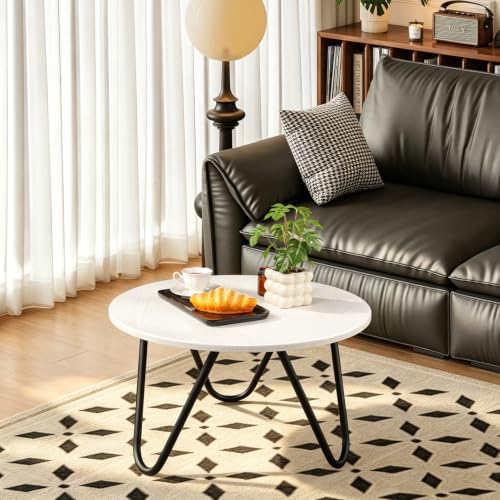 Image of Small Round Coffee Table for Living Room Wooden Circlar Coffee Table with Steel Legs Mid-Century Modern Center Table for Small Space Bedroom Home Office White