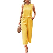 Linen Sets for Women Two Piece Summer Outfits Womens Casual Sleeveless Crop Top and Wide Leg Linen Pants Sets Loose Beach Outfits Yellow M