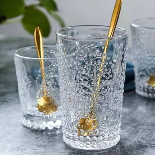 Image of PrimeWorld Romantic Embossed Water Glasses Set of 6 - 350ml | Vintage Clear Drinking Glass Tumblers for Juice, Whisky, Beer, Cocktails & Beverages