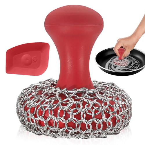 Image of 316L Chainmail Scrubber + Pan Scraper + Long Handles - 316 Cast Iron Cleaner - Skillet Cleaner - Chain Mail Scrubber for Cast Iron Pans