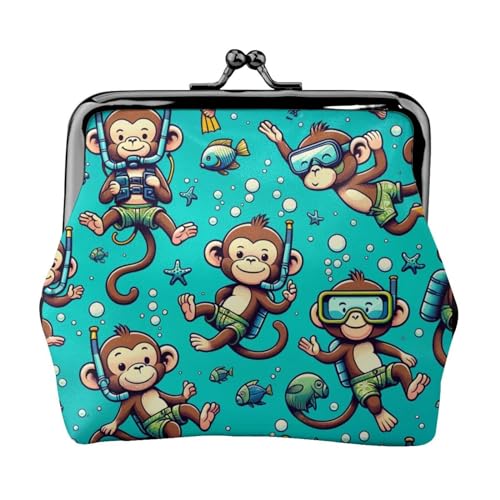 Pu Leather Buckle Coin Purse Monkey-Diving-Enjoy-Holiday Girls Kiss-Lock Change Purse Wallets