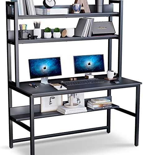 Aquzee Computer Desk with Hutch and Bookshelf, 55 Inches Black Home Office Desk with Space Saving Design, Metal Legs Table Desk with Upper Storage Shelves for Study Writing/Workstation, Easy Assemble