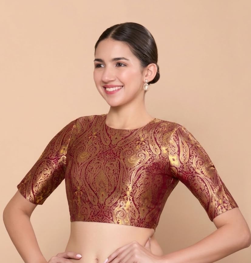 Image of Studio Shringaar Women Brocade Silky Jewel Neck Readymade Elbow Length Sleeve Saree Blouse