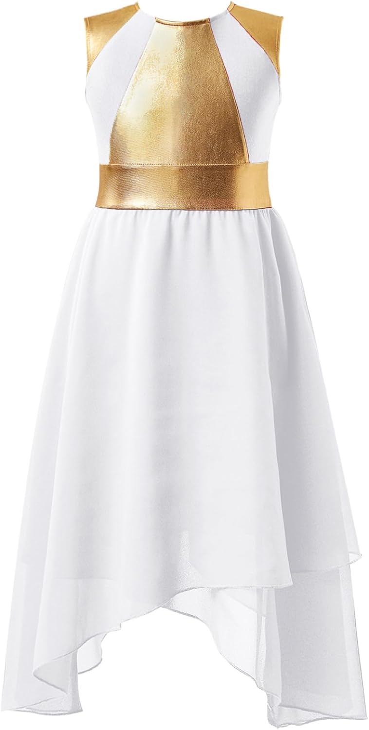 Kids Girls Praise Dance Dress Color Block Metallic Liturgical Worship Costume Lyrical Dancewear