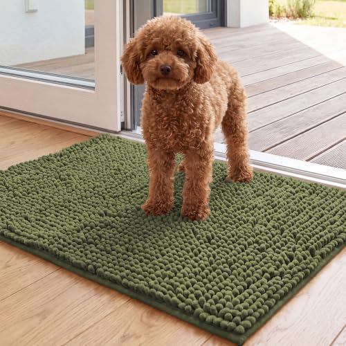 Image of H.VERSAILTEX Dog Door Mat for Muddy Paws Absorbent Dirt Trapper Non Slip Quick Dry Washable Chenille Mats for Dogs Entry Rug for Indoor Outdoor (Green, 17 inch x 24 inch)