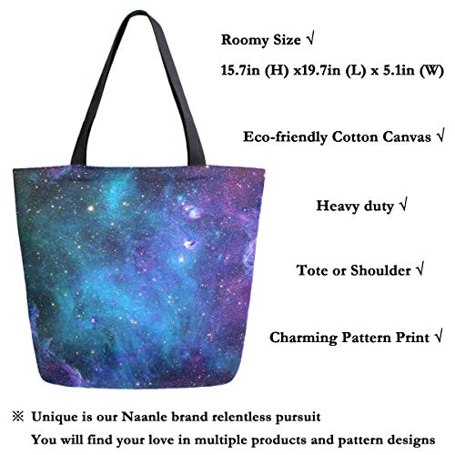 Naanle Outer Space Canvas Tote Bag Large Women Casual Shoulder Bag Handbag, Colorful Galaxy Reusable Multipurpose Heavy Duty Shopping Grocery Cotton Bag for Outdoors.
