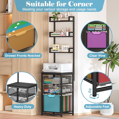 Sbanmao 3-Drawer File Cabinet with 3 Shelves, 61" Tall Vertical Filing Cabinet for Home Office, Metal Mesh Drawers with Small Printer Stand, Fit for Letter Files, Black