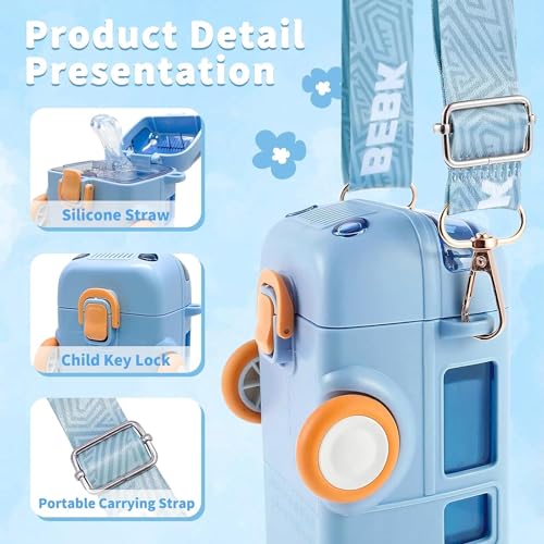 Image of Bus Water Bottle for Kids with Strap, Sipper, and Straw Leakproof, Tritan Water Bottle for School Kids 500ml -for Girls and Boys (Blue)