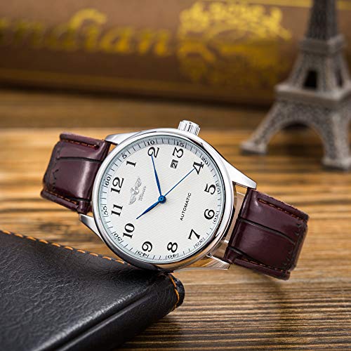 Gute Classic Winner Montre mécanique pour homme avec cadran blanc et aiguilles bleues - Bracelet en polyuréthane - Remontage automatique