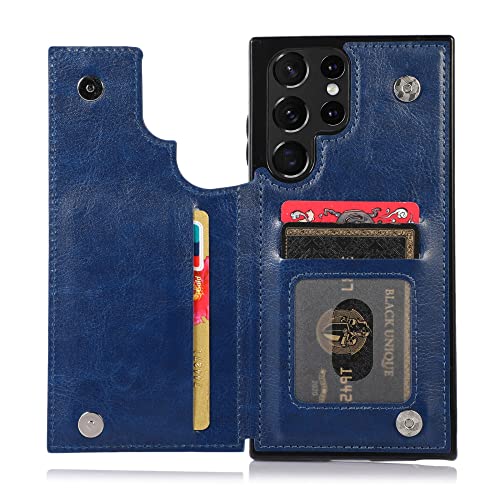 Étui portefeuille pour Samsung S22 Ultra et Plus en cuir PU bleu avec porte-carte