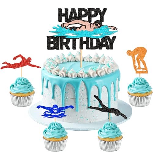 Lot de 25 décorations de gâteau Happy Birthday - Paillettes - Pour les amateurs de natation - Décoration de fête d'été
