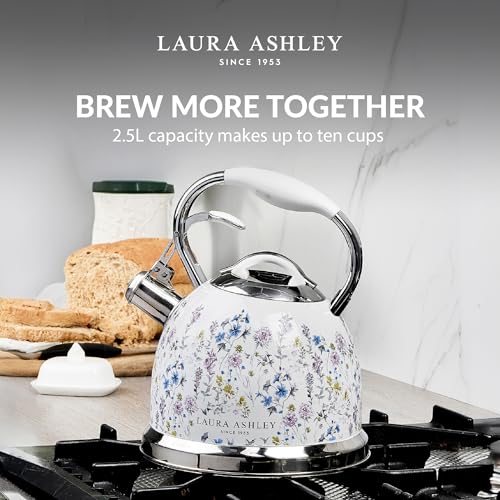 VQ Laura Ashley Wild Meadow 2.5L Stainless Steel Tea Kettle Stovetop Whistling Teapot for Induction, Gas Hob or others. Silicon Coated Cool Handle & Push Button Mechanism Vintage Stove Top Kettle by Laura Ashley - Image 2