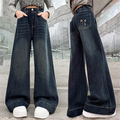 Kids Girls Jeans Retro Wide Leg Denim Pants Elastic Waist Button Straight Trousers Casual Preppy Streetwear with Pockets4