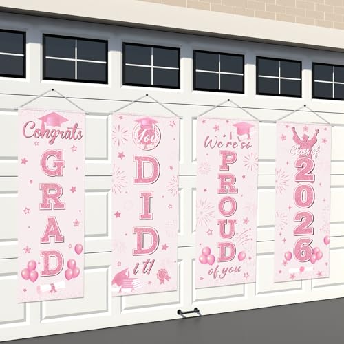 Image of Panelee 4 Pcs Pink Graduation Party Decorations 2026 Congrats Grad Porch Banners Class of 2026 Hanging Banner Backdrop for Classroom School Doorway Indoor Outdoor Wall Hanging Decor