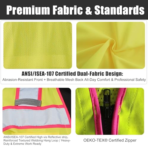 Image of A-SAFETY High Vis Reflective Safety Vest for Men Women Zipper Ipad Pockets Mesh Construction Apparel Neon Vest for Work