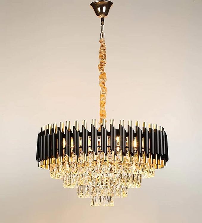 Image of Crown Lighting Crystal Jhumar in, Round Shaped Gold Finished Pandent /Hanging Chandelier Celling Light with Free Bulb Included (Medium) (Round-Black-Gold, 500MM)