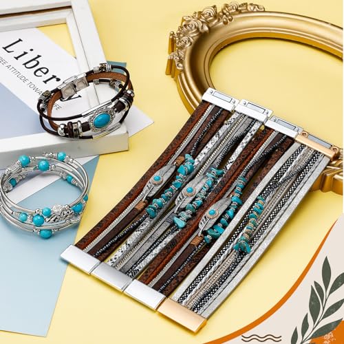 Sasylvia 6 Pcs Turquoise Bracelet for Women Leather Bracelet Western Jewelry for Women Multilayer Boho Cuff Bangle Set4