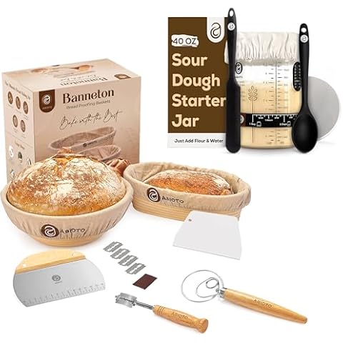 Sourdough Bread Baking Supplies and Starter Kit - Ultimate Bread Making and Sourdough Starter Kit with Proofing Baskets, Sourdough Jar, Bread Lame, Scrapers, and Danish Whisk Cover