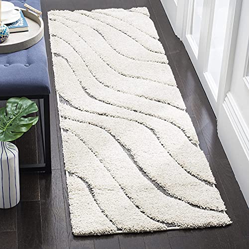 Image of (Pack of 2 Abstract Wavy Design Shaggy Carpet for Living Room, Bedroom, High Low Design Finish Microfiber 1.8 Inch Pile High, 2x5 Feet Runner Ivory|Grey Color