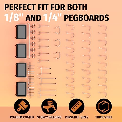 HUHOLE Pegboard Hooks Assortment 49PC, Pegboard Accessories with Pegboard Bins, Garage Tool Organizer, Fit 1/8 Inch and 1/4 Inch Peg Board