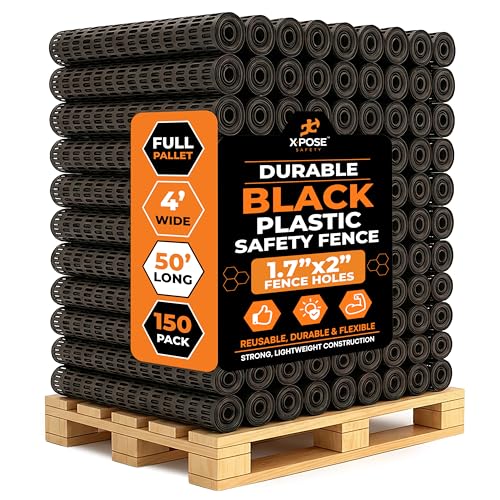 Xpose Safety Plastic Mesh Safety Fence – Heavy Duty Black Temporary Garden Fence & Snow Fence, 4' x 50'- Bulk Full Pallet 150 Packs Reusable Barrier Netting for Animal Control, Deer, Dogs,Construction