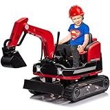 JOYLDIAS 360 Degree Rotating Ride On Excavator and Bulldozer,12V12AH Battery Powered Ride On Toy Backhoe W/Track Design Wheels for All Terrain,Remote Control,MP3,Toolbox for Kids,Parent,Red
