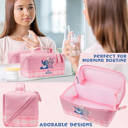 Image of Get Trend Disney Stitch Toiletry Bag, Travel Essentials, Girls Makeup Bag Cruise Essentials, Travel Accessories, Gifts for Women, Teens (Pink Stitch Angel)
